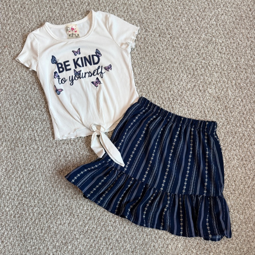 Jenna & Jessie Girls Be Kind Butterfly Top and Floral Ruffle Skirt‎ Set Size 8